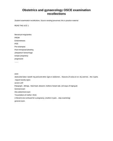 OBSTETRICS AND GYNAECOLOGY OSCE EXAMINATION RECOLLECTIONS cover