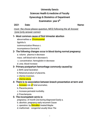 6th Year Final Obstetrics & Gynaecology Written Examination (Sanaa University, 2021) cover
