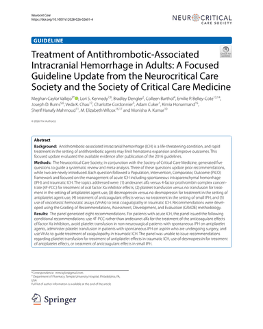 TREATMENT OF ANTITHROMBOTIC - ASSOCIATED INTRACRANIAL HEMORRHAGE IN ADULTS: A FOCUSED GUIDELINE UPDATE cover